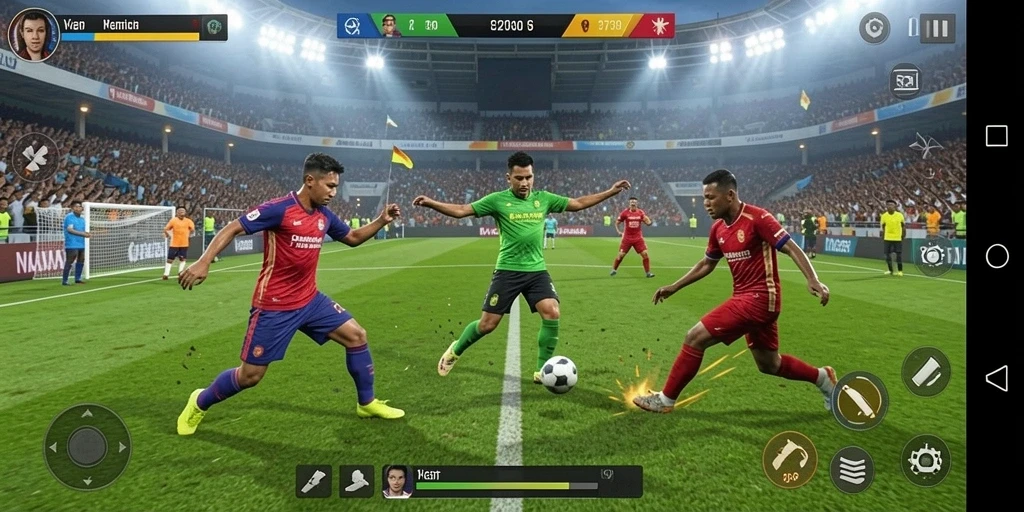 Tampilan gameplay mendebarkan dalam pertandingan sepak bola.