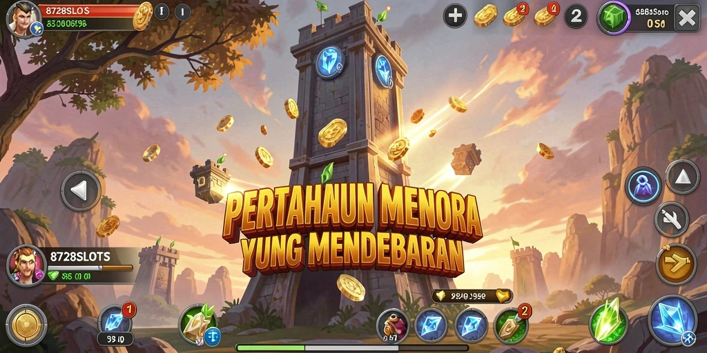 Tangkapan layar gameplay 8728SLOTS yang menegangkan di pertarungan Tower Defense.