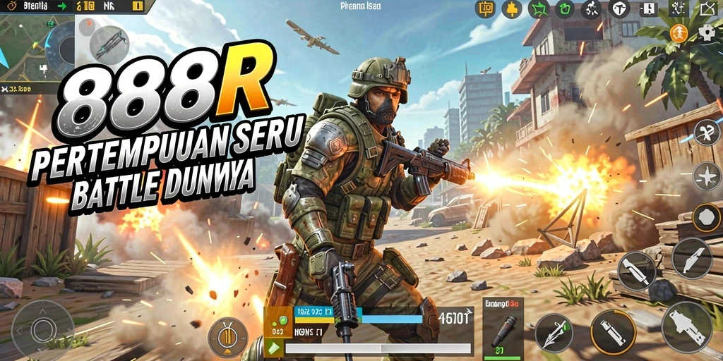 Screenshot utama gameplay 888R menampilkan pertempuran seru Battle Royale.