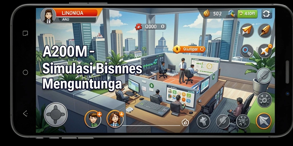 Screenshot A200M menampilkan gameplay manajemen bisnis yang menarik.