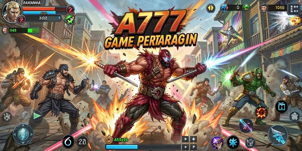 Screenshot gameplay A7777 menampilkan pertarungan intens antara karakter.