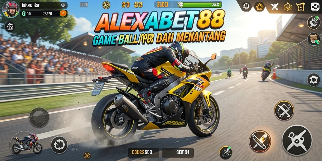 Screenshot ALEXABET88 menunjukkan momen seru balapan motor di sirkuit yang menantang.