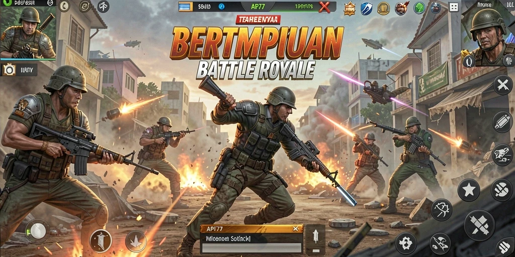 Tangkapan layar utama dari API77 menampilkan aksi pertempuran intens dalam game Battle Royale.