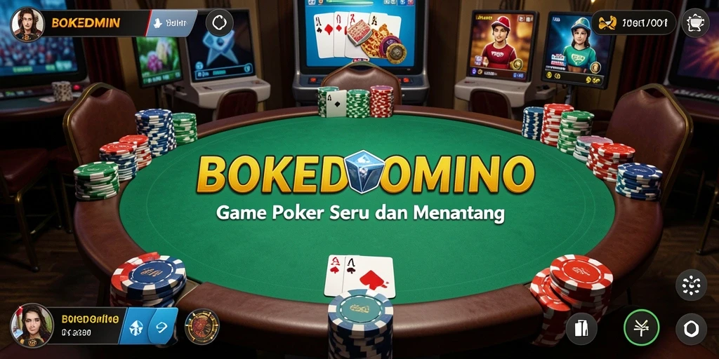 Tampilan gameplay seru dalam BOKEDOMINO menampilkan kartu poker yang mendebarkan.