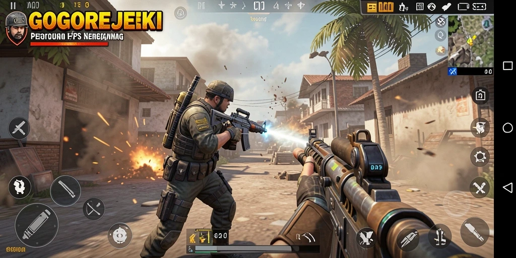 Tangkapan layar GOGOREJEKI menampilkan aksi tembak-menembak intens dalam pertempuran FPS.