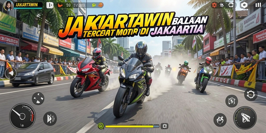 Tampilan gameplay JAKARTAWIN yang menegangkan saat balapan motor.