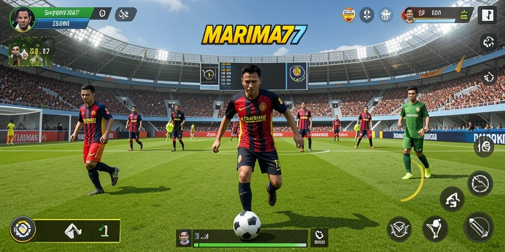 Tampilan gameplay MARIMA77 dengan aksi sepak bola seru.