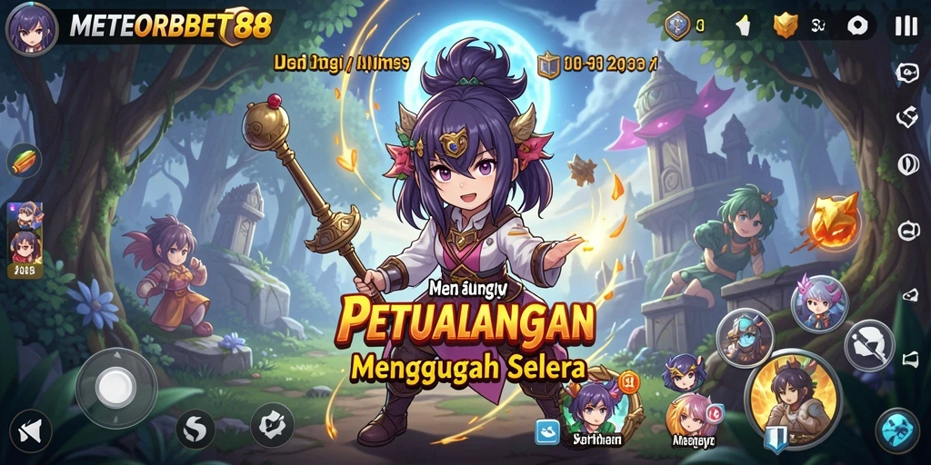 Screenshot gameplay METEORBET88 menampilkan aksi karakter anime yang seru.