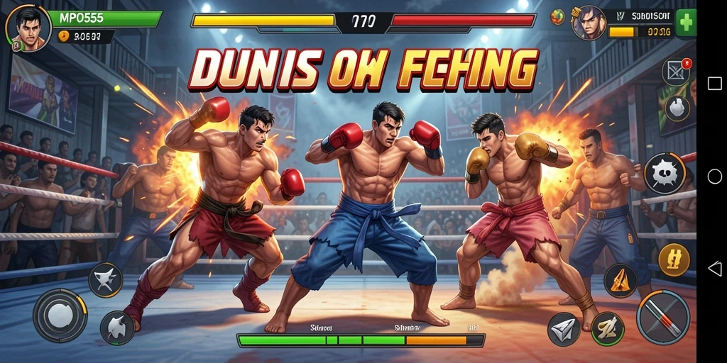 Screenshot MPO555 menampilkan karakter bertarung dalam arena yang epik.