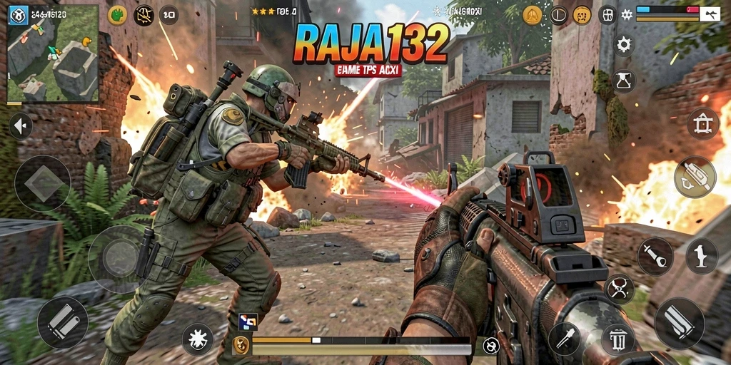 Screenshot utama RAJA132 menampilkan aksi gameplay TPS yang mendebarkan.