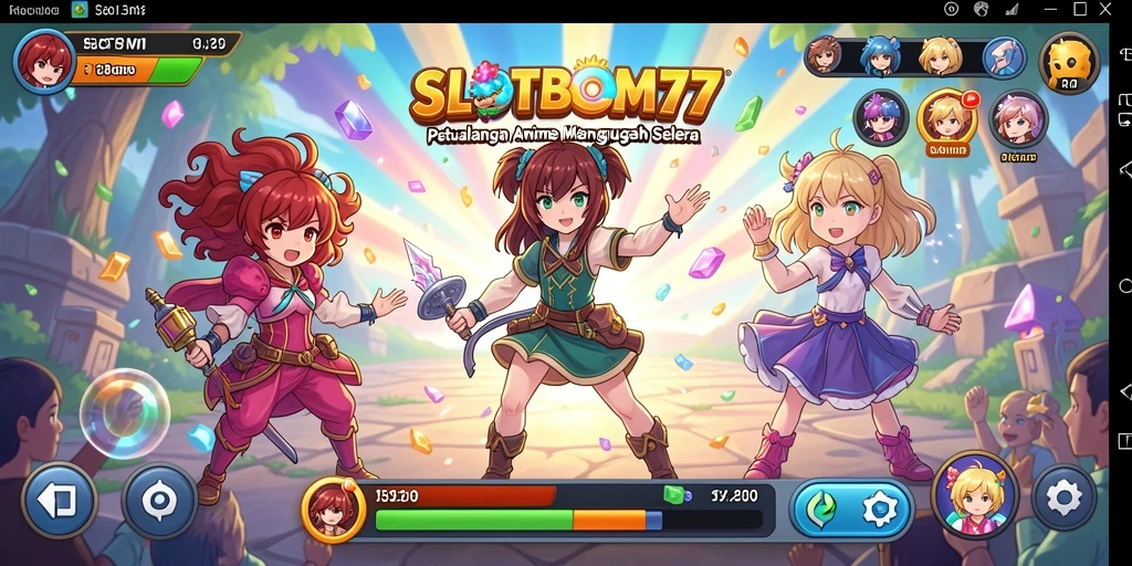 Screenshot utama SLOTBOM77 menunjukkan karakter anime beraksi dalam permainan.